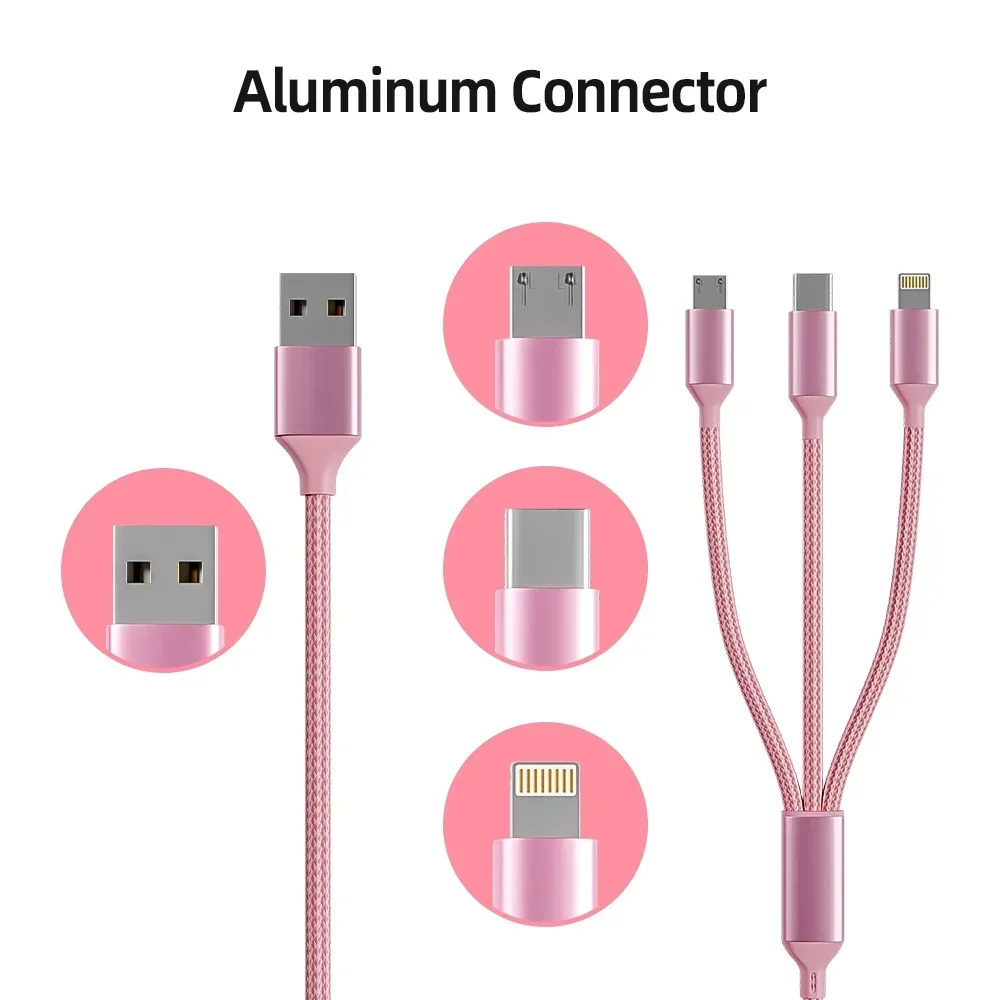 6 Pcs 3-in-1 nylon braided Usb Cable for a variety of devices MFi certified USB Fast charging with Type-C Micro USB IP interface