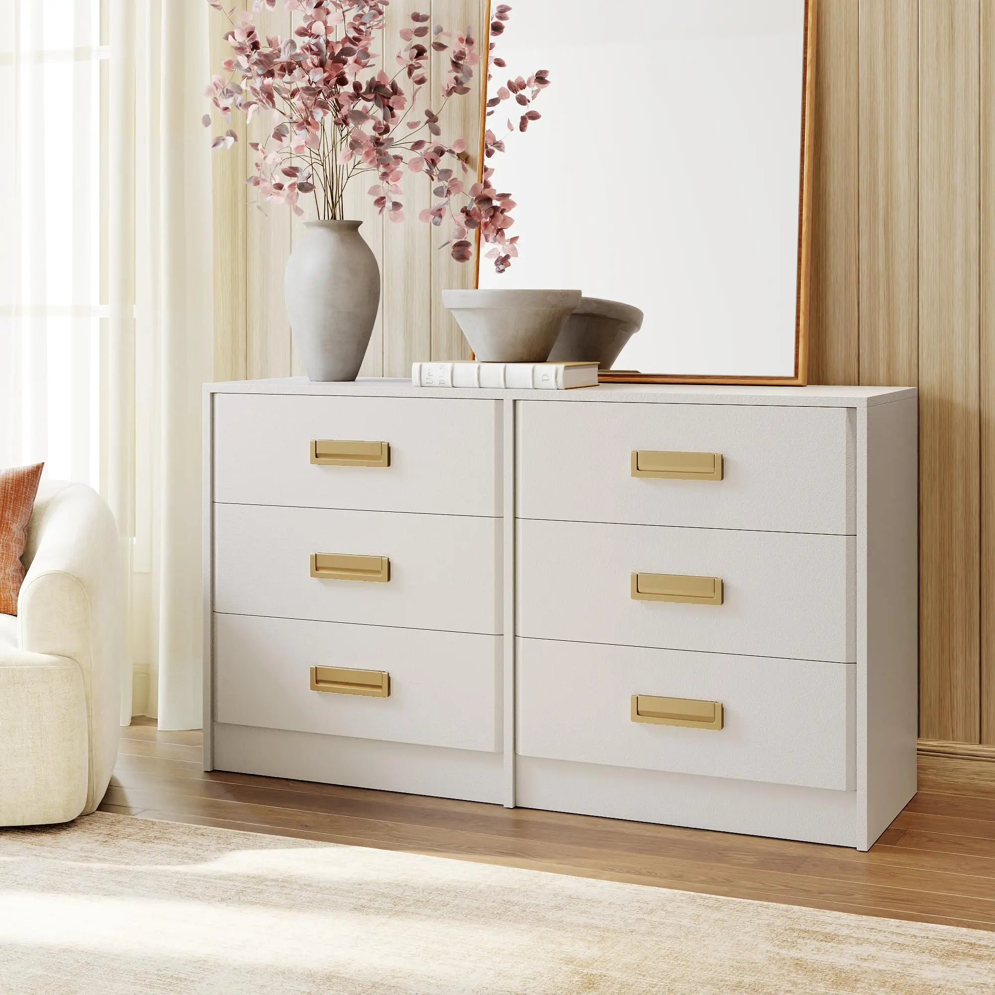 6-7 Drawer Dresser for Bedroom, Wide Horizontal Chest of Drawers with Chamfered Edge & Metal Handles, Modern MDF Storage Cabinet for Living Room, Hallway – White