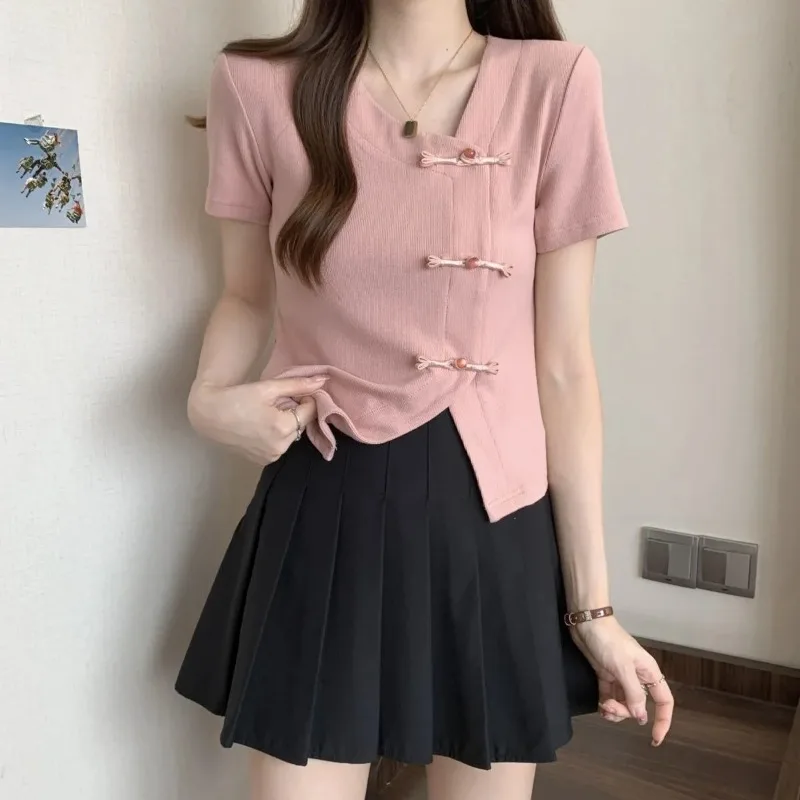 New Chinese Style Asymmetric Short Sleeve Top Women's Slim Fit Button Knit T-shirt Casual Irregular Hem Top