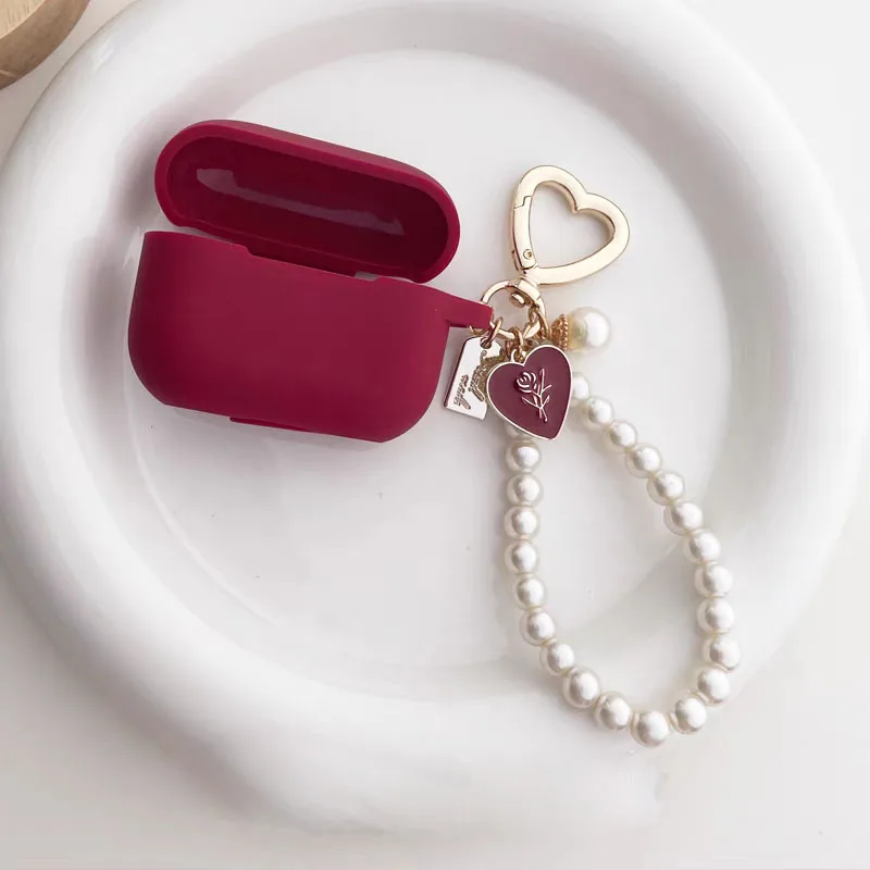 Wine Red Silicone Earphone Case for apple Airpods 1/2/3/4 Pro 2nd Bluetooth Headset Box With Sweet Vintage Rose Pearl Keychain