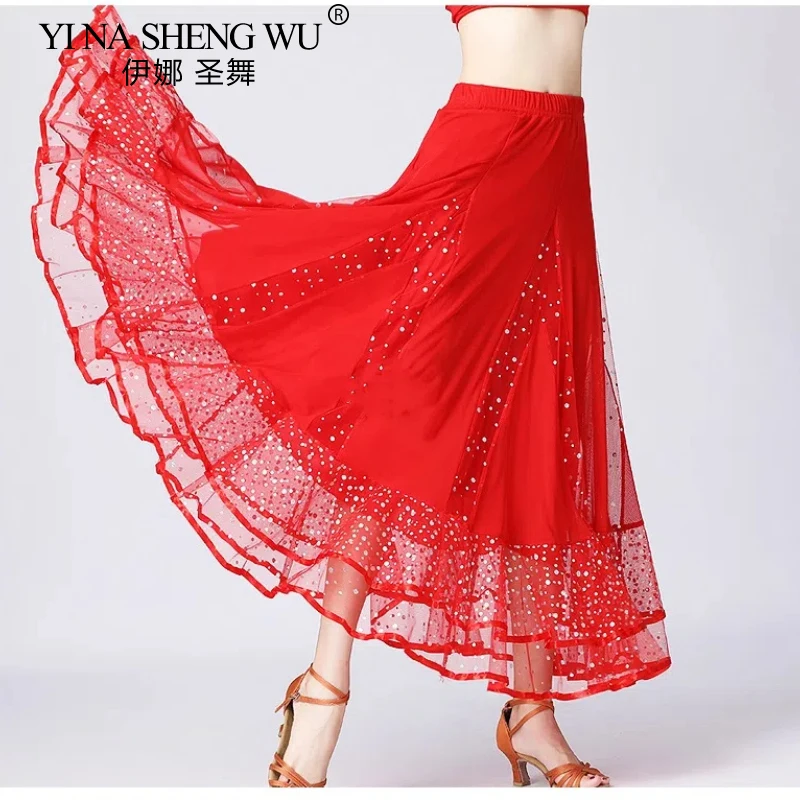 Costumi di danza moderna da donna per le donne Gonne di danza con paillettes di flamenco Valzer Spagnolo Sala da ballo Tango Gonna di scena con costume grande altalena