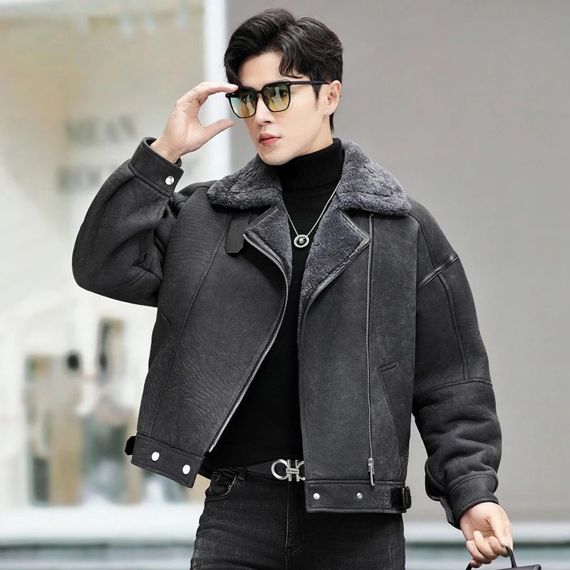 Tcyeek Natural Sheepskin Coat Men's Motocycle Jackets Winter Wool Real Fur Coat Men Clothes Vintage Genuine Leather Jacket Loose