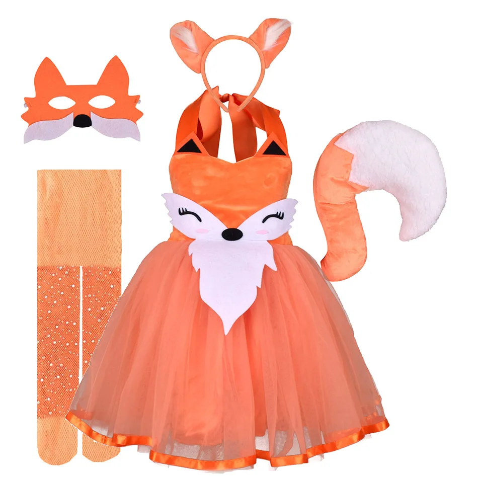 Cute Girls Halloween Fox Cosplay Costumes for Kids Animal Dress Up with Headband Tail Carnival Chrismas Cloth Purim