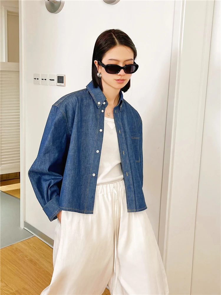 

Свободная женская джинсовая рубашка-куртка в корейском стиле, весенне-осенний топ, дышащий, удобный, из смесового льна и хлопка, с длинными рукавами