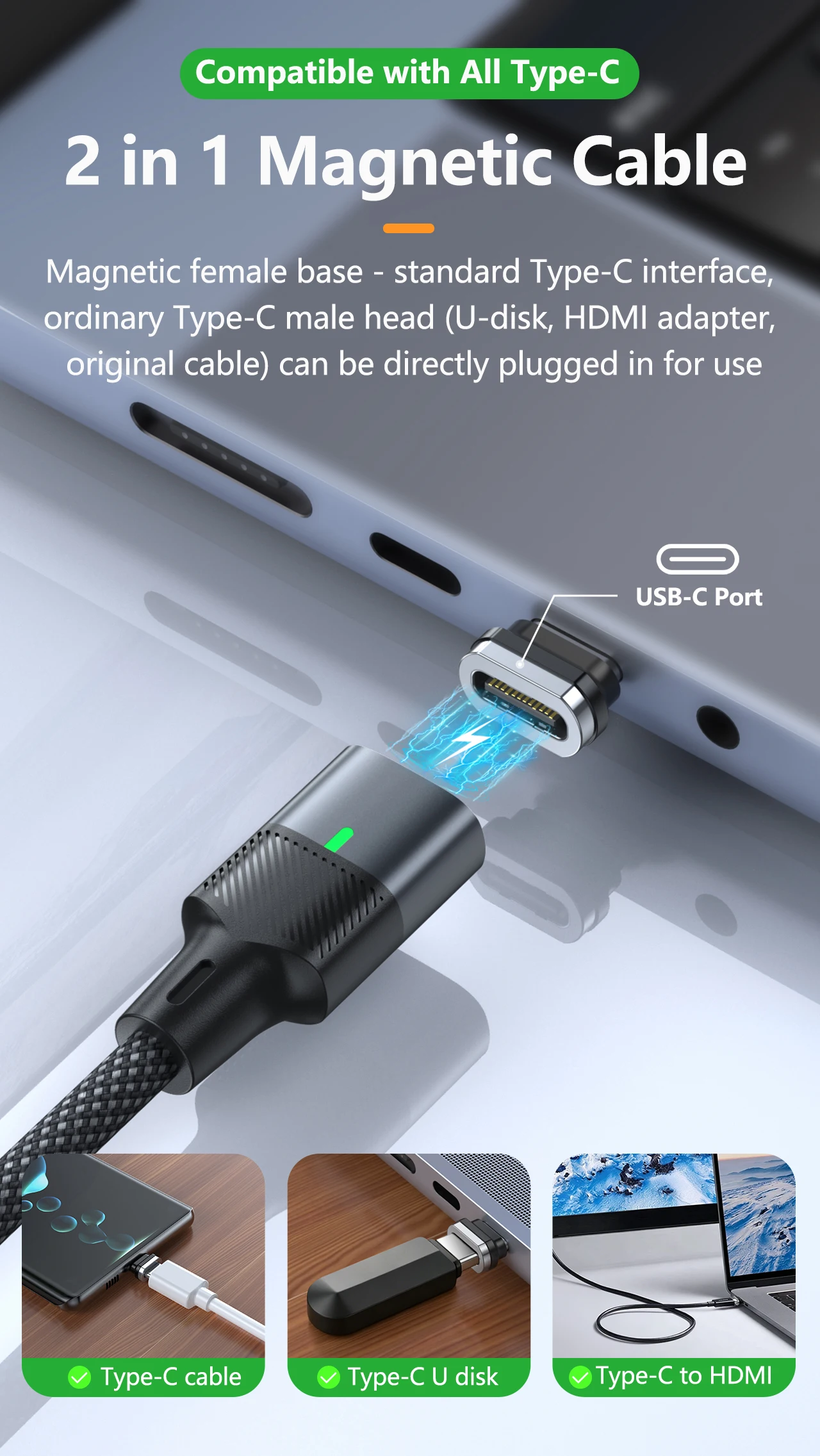 Boxiang Magnetic Plug 240W 48V5A Magnetic USB-C Cable PD3.1Fast Charge 120Gbps High Speed Data Sync Dual Use Type C Charger Wire