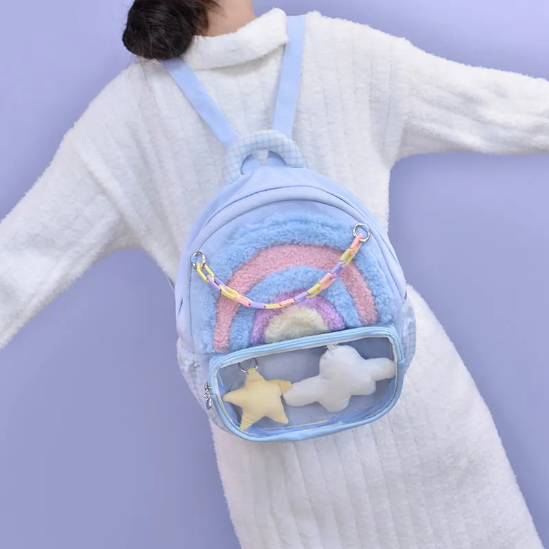 Kawaii Rainbow Plush Backpack Cute Girls School Bag Large Capacity Student Bookbag Y2k Cute Plush School Bag For Teen Girls