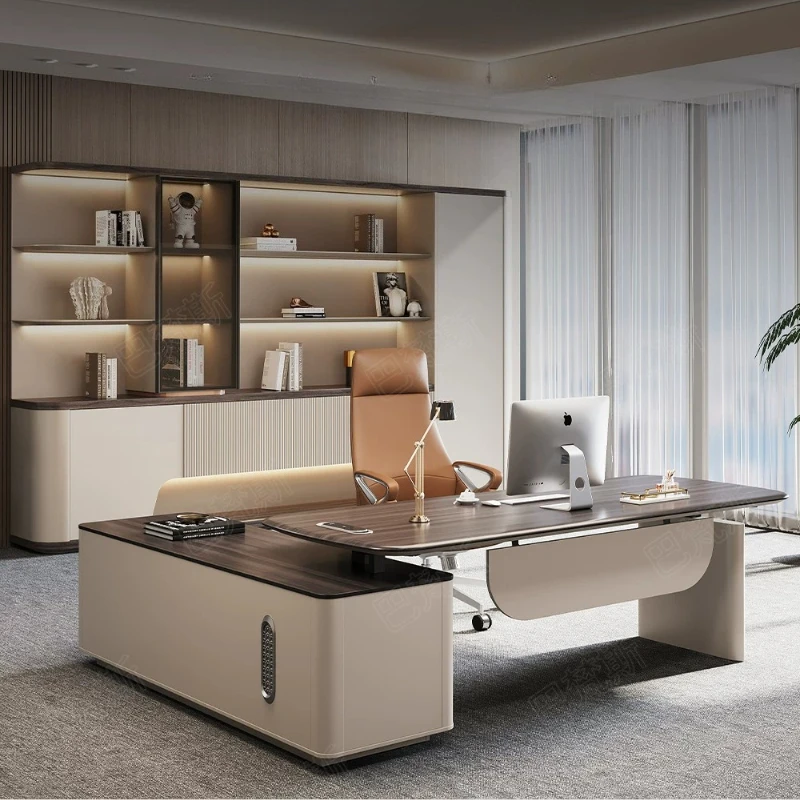 Modern Motorized Sit-Stand Executive Workstation Two-Tone Wood Grain L-Shaped Office Writing Desk with Matching Storage Cabinet