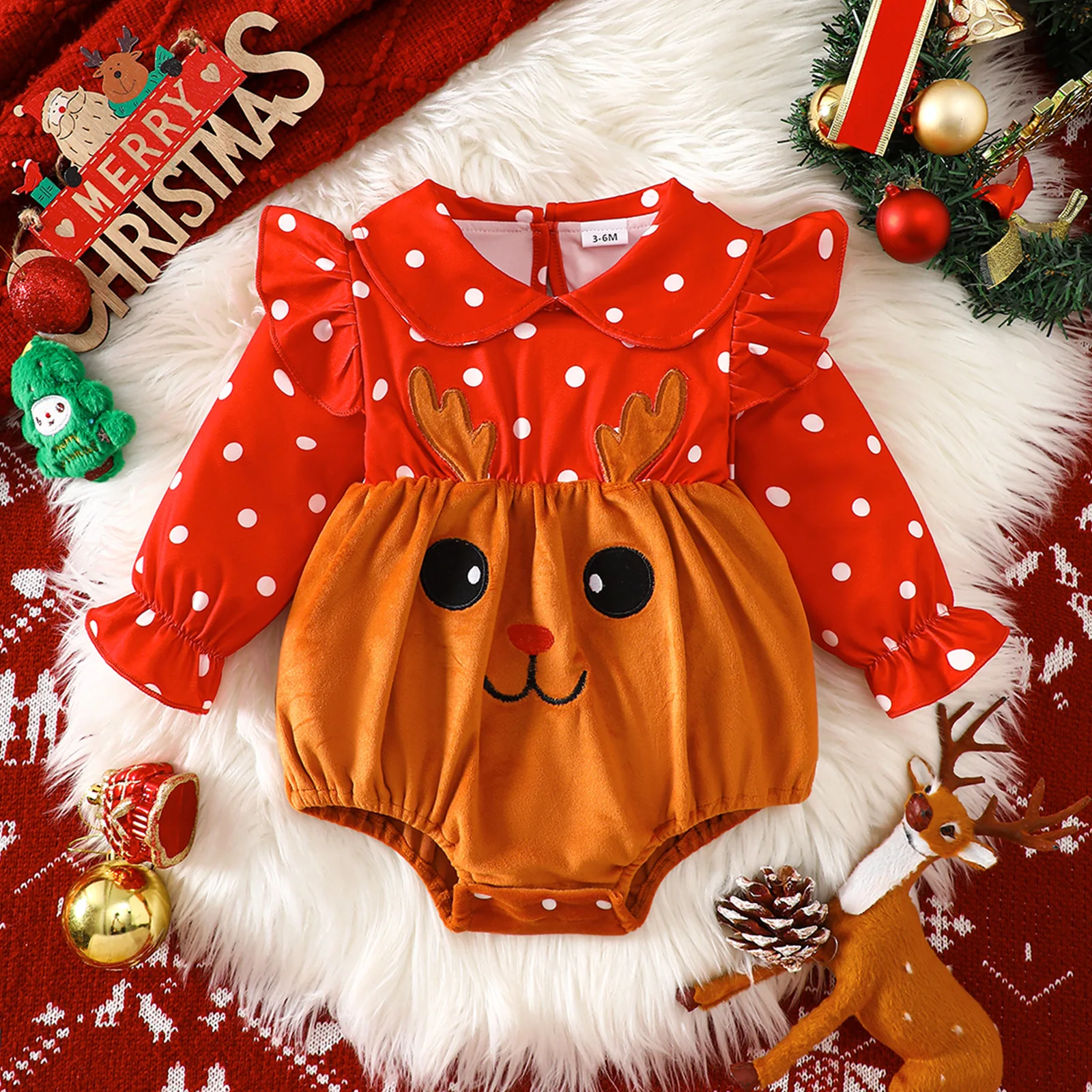 

New Christmas Children Clothing Baby Girls Cute Cartoon Elk Embroidered Onesie Baby Long Sleeved Romper 0-2 Years