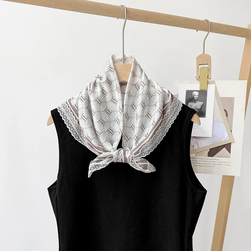

Lace Cotton and Linen Feelling Silk Square Scarf for Women Lace Floral Print Bandana Soft Neck Scarf Head Scarf Elegant Daily