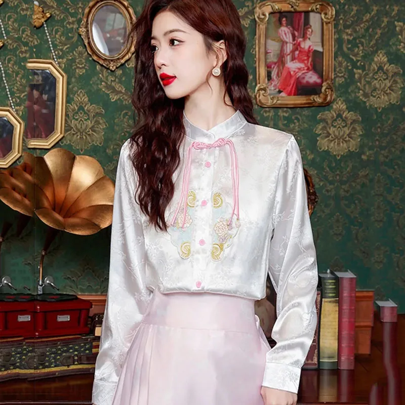 Women Spring Chinese Style Embroidered Jacquard Shirt Improved Hanfu Top Luxury Retro Stand Collar White Blouse Tang Suit Female