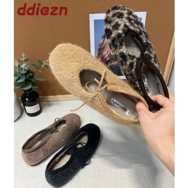 

shoe Fashion Fur Women Mary Janes Flats Slip On Shoes Female Butterfly-Knot Ladies Flats With Plush Warm Shoes New Footwear
