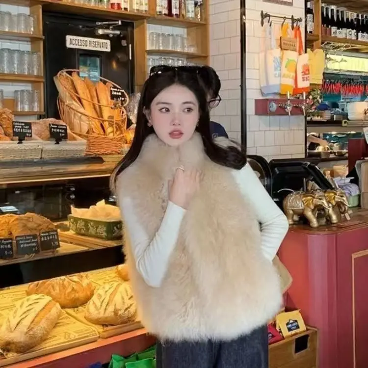 3D Fluffy Jacket Shoulder Drop down Women's Fashionable Synthetic Leather Vest Coat Casual Style Standard Fit  Fur Outerwear