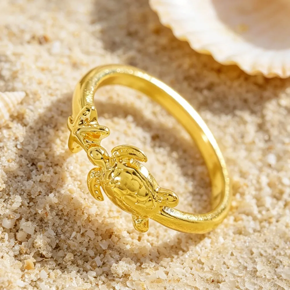 Creative Cute Stainless Steel Ocean Turtle Starfish Opening Rings for Women Fashion Personality Daily Vacation Jewelry Gifts