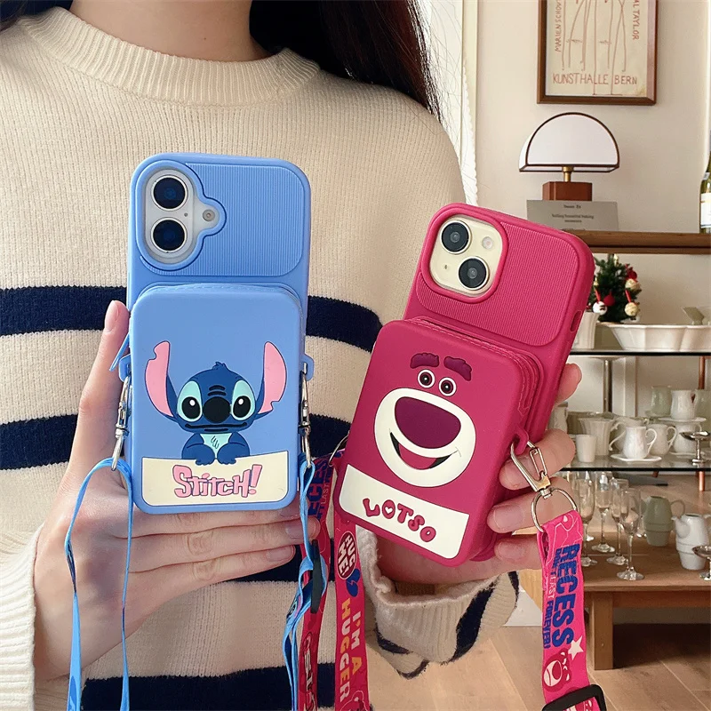 Disney 3D Cartoon Cute Strawberry Bear Stitch Zipper Wallet Case For iPhone 13 12 11 14 15 16 Pro Max With Lanyard Strap Shell