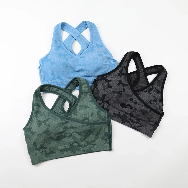 Camo Seamless Sports Bra For Women Gym Criss-Cross Back Padded Sports Bras Medium Support Yoga Bra Top Workout Sport Brassiere