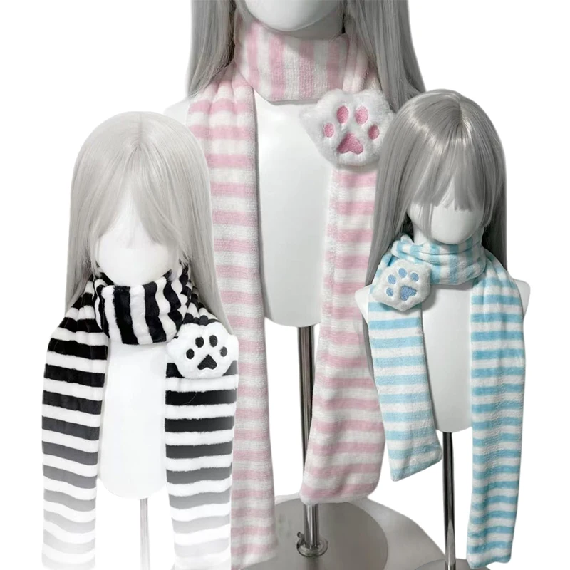 

Japanese Cute Cat Paw Print Scarf Watercolor Pink Striped Lightweight Women's Fashion Scarf Kawaii Accessory