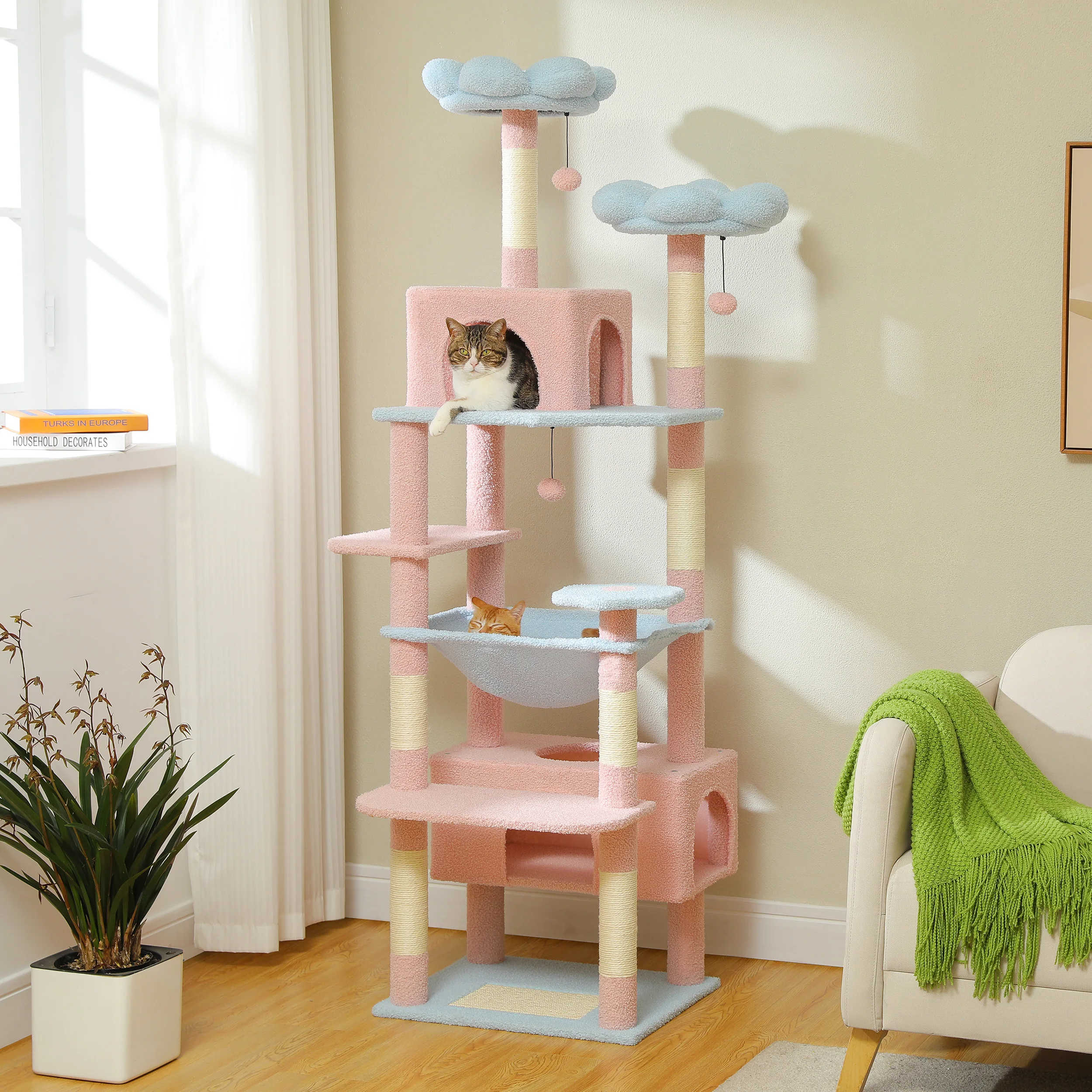 

184CM Tall Cat Tree with Scratching Posts Multi-Level Flower Cat Tower with Perches Hammock Large Cat Condo for Indoor Cat Toys