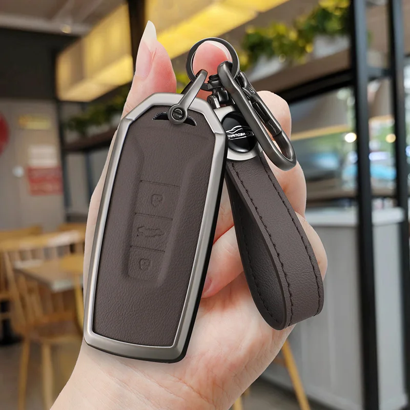 Zinc Alloy+ Leather Car Key Case Cover For VW Volkswagen Touareg 2018 2019 2020 2021 2022 2023 3 Buttons Remote Key Protector