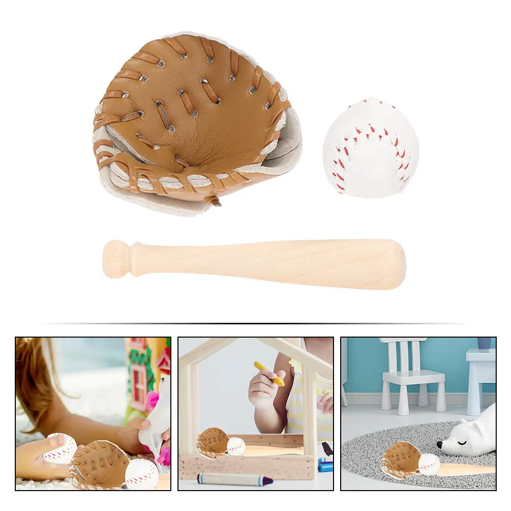 

1 set 1 Set Mini Baseball Three-Piece Kit Premium Wood Craft Durable Small House Decor For Lovers Gift Collectors Sports