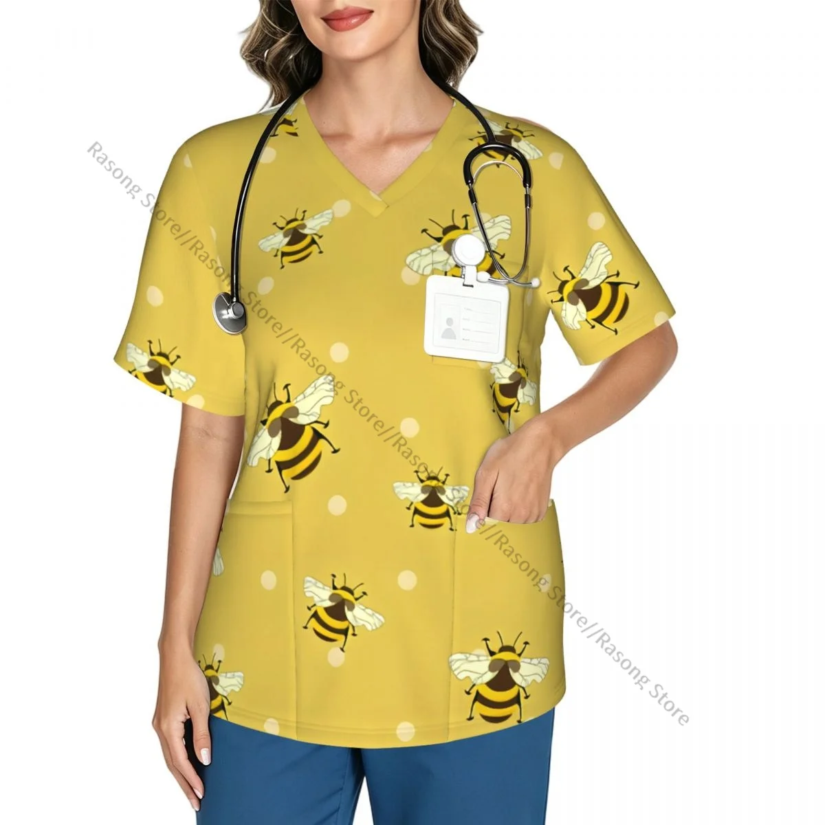 Cartoon Bees Scrubs Medical Uniforms Women V Neck Short Sleeve Tunic Scrubs Tops Nursing Surgical Uniforms