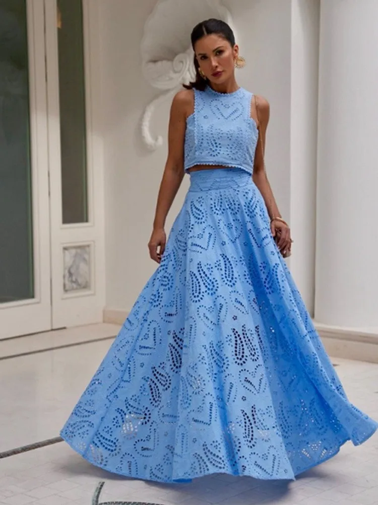 

Elegant Hollow out Embroidered Lace Long Skirt Set Women's Fashion Summer Outfit Sleeveless Leisure Suit Polyester Material