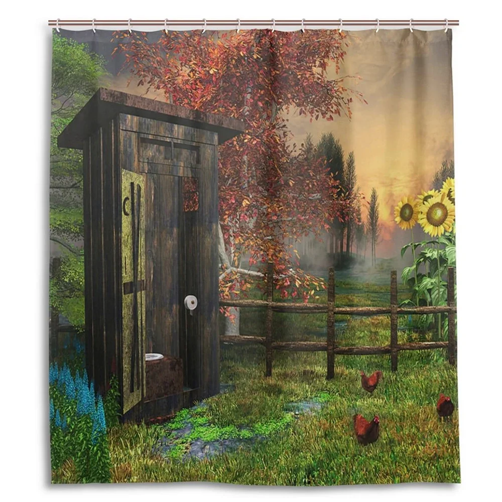 Wooden Outhouse Rooster Shower Curtains for Bathroom,Outside Animal Country Farmhouse Landscape Waterproof Bathroom Curtain