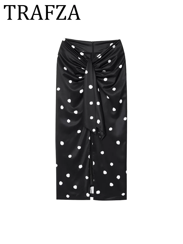 

TRAFZA Woman 2025 Polka Dot Midi Skirt New Summer Asymmetric Tie Slim Black Long Skirt Ladies Elegant Fashion Party Skir