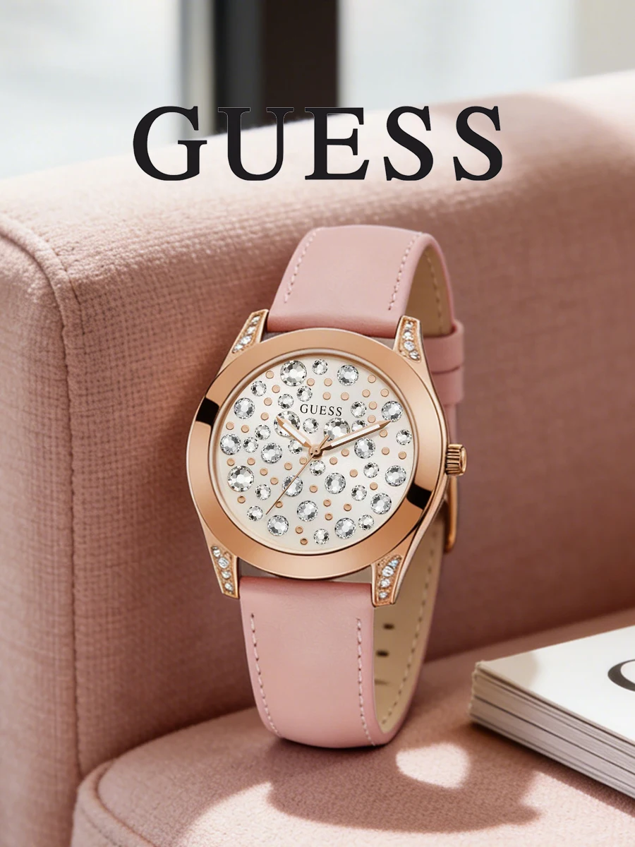 Reloj de mujer GUESS W1065L1, con esfera redonda analógica, correa de cuero rosa y movimiento de cuarzo, ideal para ir de compras, para la playa o como regalo para el Día de San Valentín.