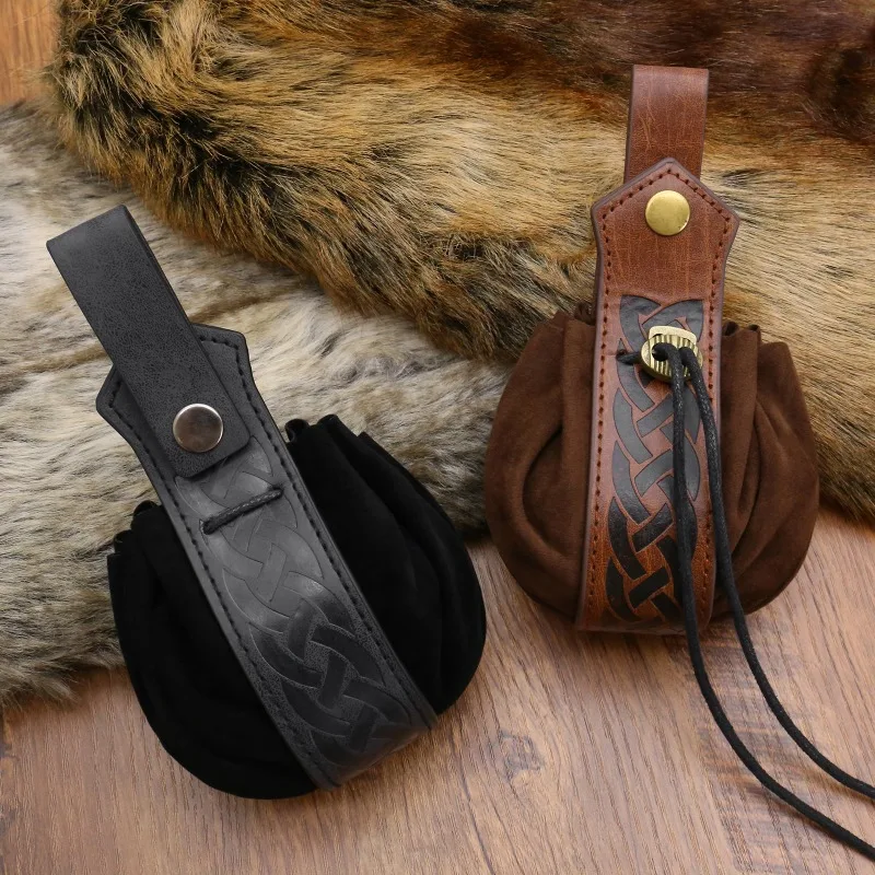 Vintage Drawstring Pouch - Halloween Cosplay Waist Bag (Medieval Design, Belt Hook, Coin Purse, Organizer for Small Items)