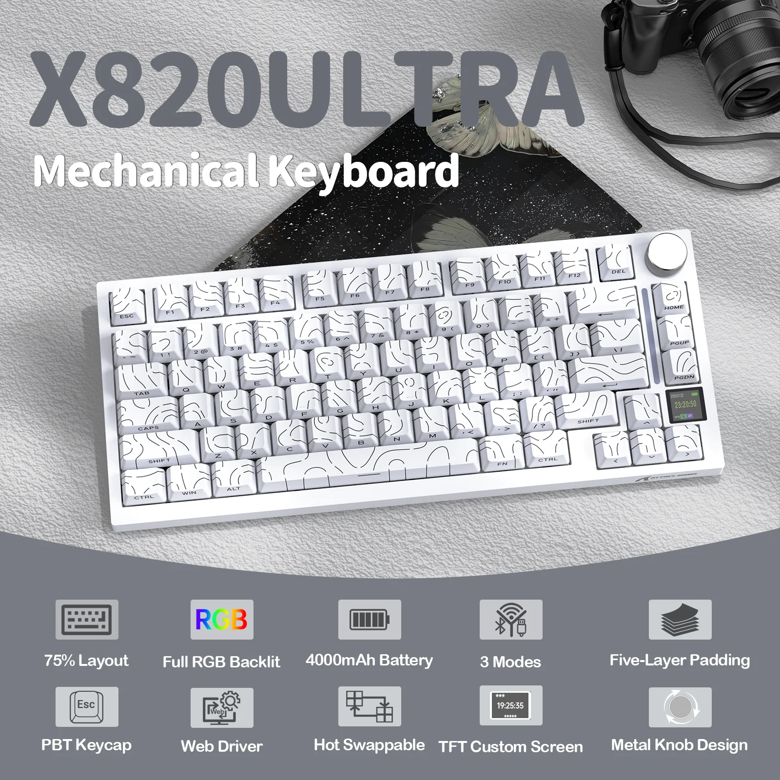 

ATTACK SHARK X820 Ultra 75% Wireless Gaming Mechanical Keyboard Hot-Swappable Gasket Mount RGB Backlit BT/2.4G/Wired