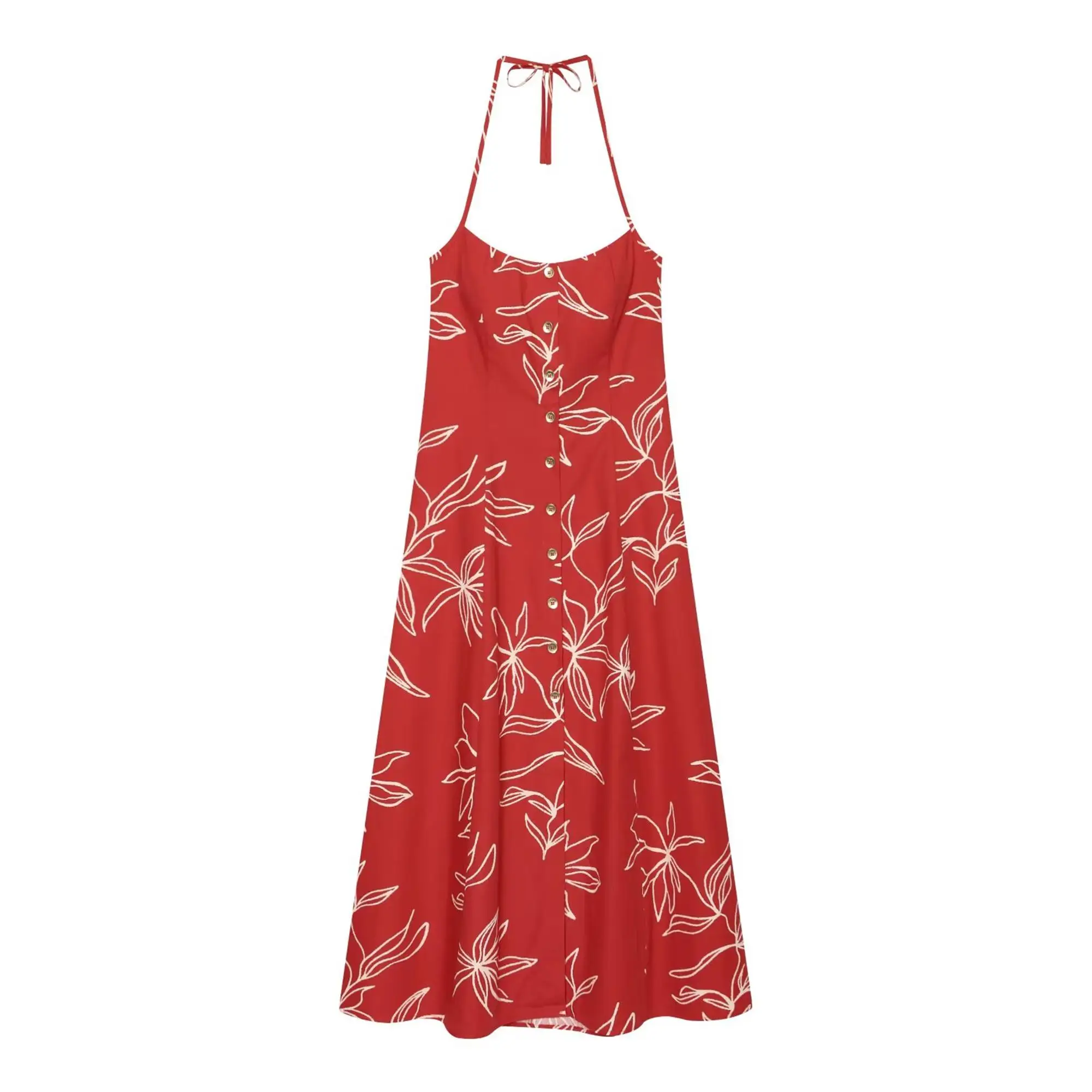 Damen Strandkleid mit Print, Neckholder, rückenfrei, trendiges ärmelloses langes Kleid, neue Mode 2026, Sommerurlaub, Freizeitkleid für Damen – Detail 2