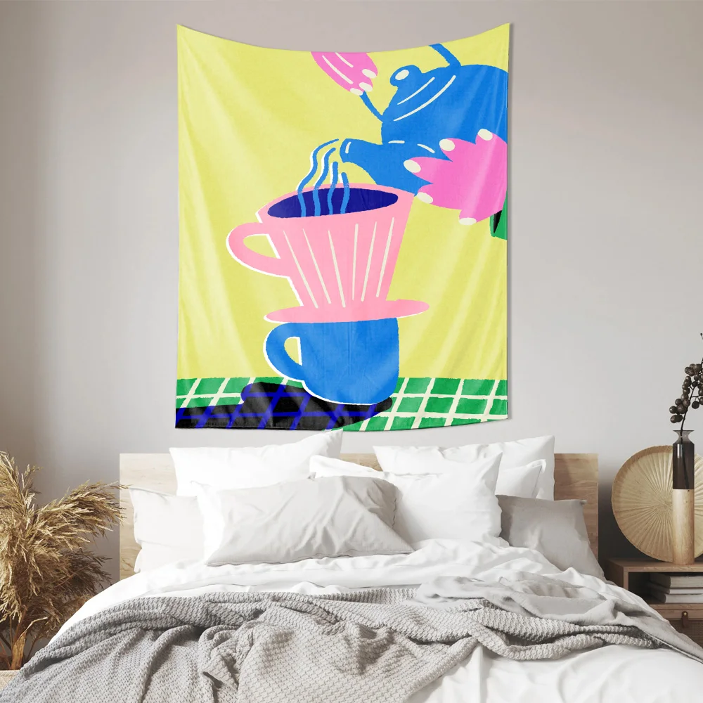 Colorful Tea Pot Cup Art Wall Tapestry Machine Washable All Season Decor Print Pop Art Design Home Enhance spatial aesthetics