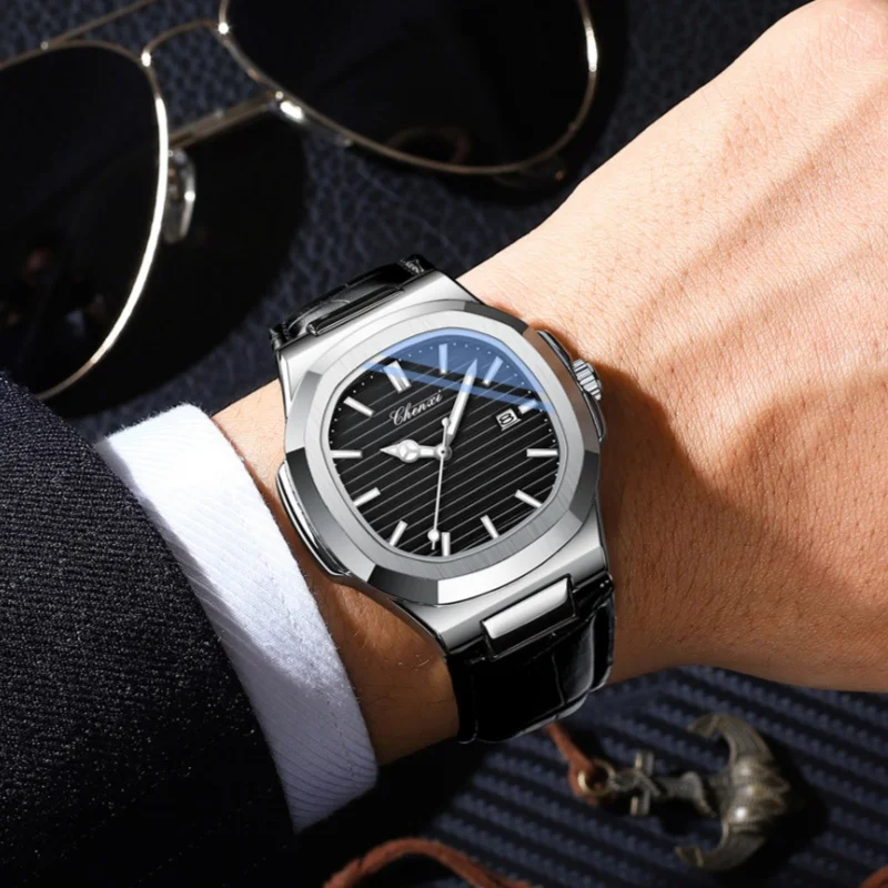 Мужские кварцевые наручные часы с кожаным ремешком и датой