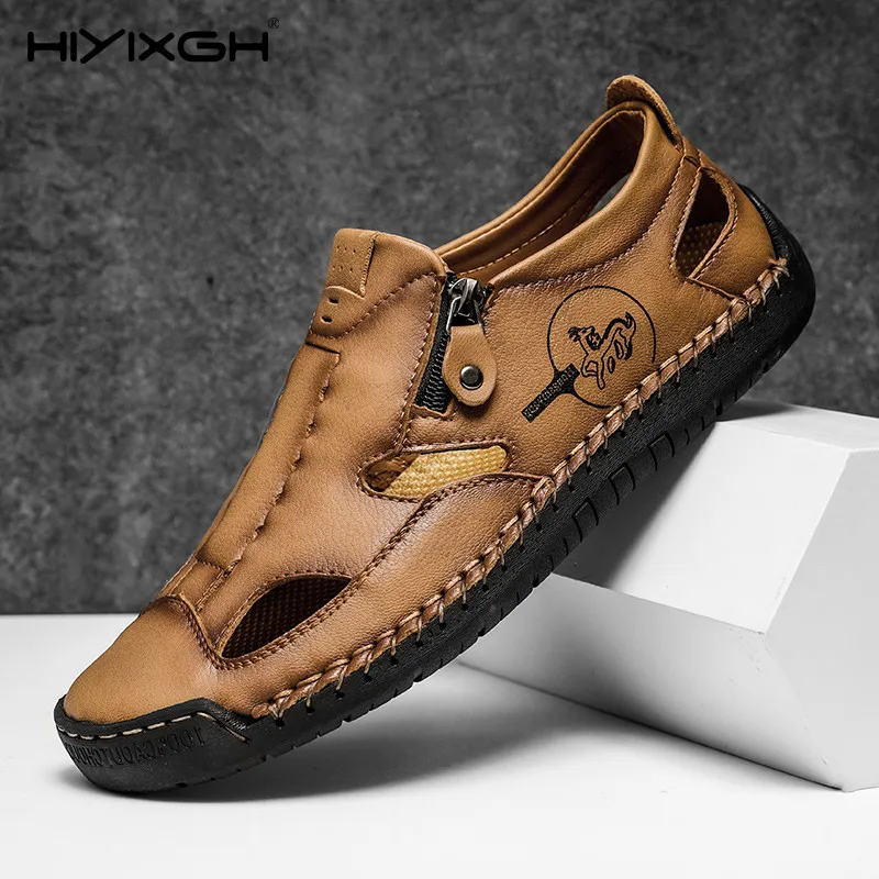 

Новые летние дышащие мужские сандалии, модные римские сандалии, кожаная мужская повседневная обувь ручной работы, уличные мужские пляжные сандалии на платформе