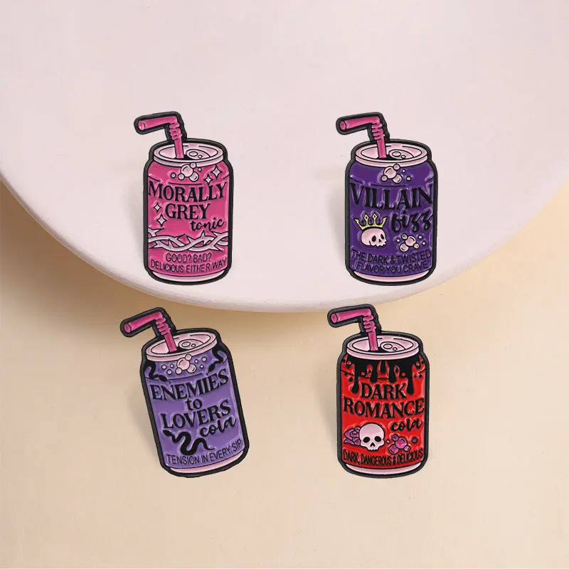 Morally Grey Tonic Canned Drink Enamel Pin Dark Romance Brooch With Pink Design And Straw For Book Lovers And Fantasy Gift Style