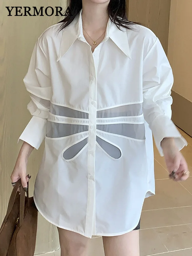 

YERMORA White Spliced Mesh Hollow Out Casual Blouse For Women Lapel Long Sleeve Loose New Shirt Fashion Tdie Spring Summer 2025