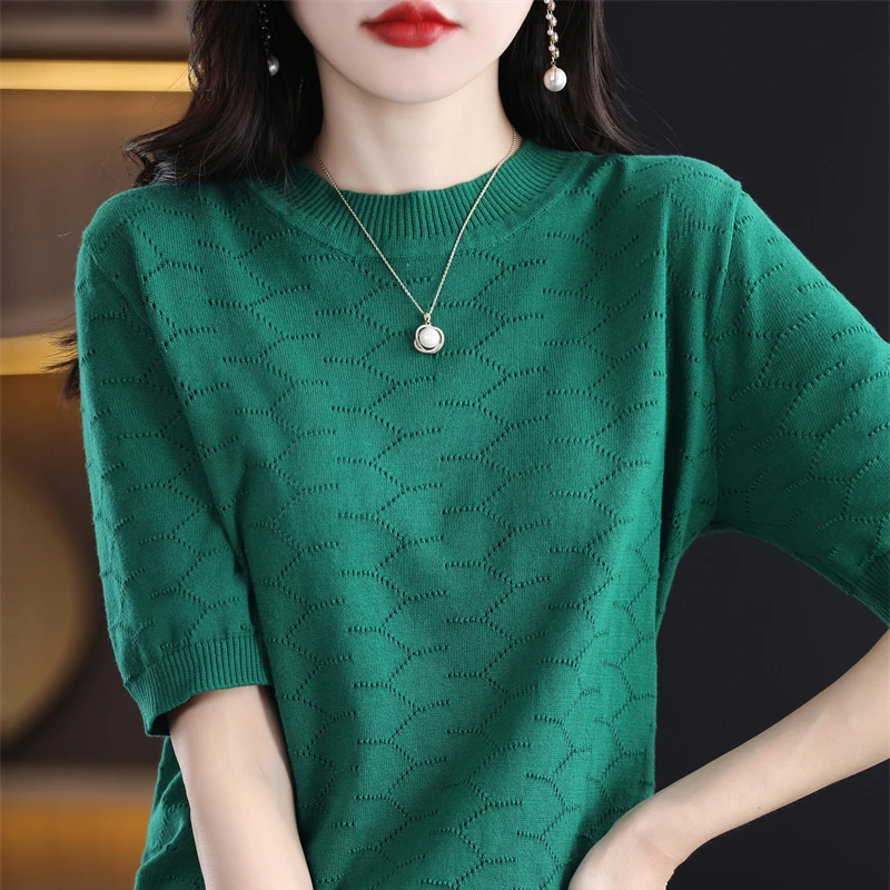 

Summer new breathable knitted short sleeved women's loose round neck T-shirt versatile solid color half sleeved top