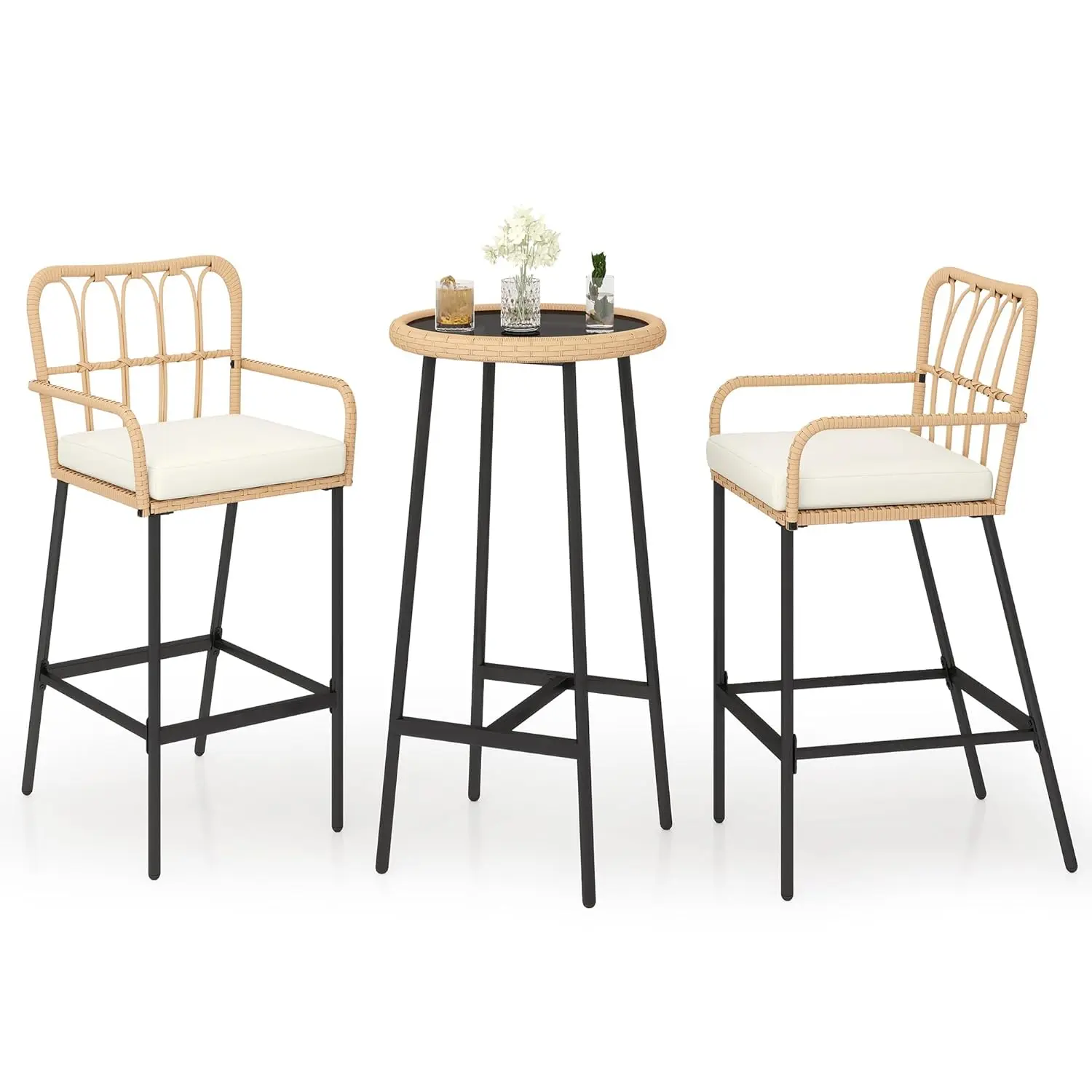 #3pc Wicker Outdoor Bar Table & Stool Set with Lumbar Pillow for Backyard Porch, Customized