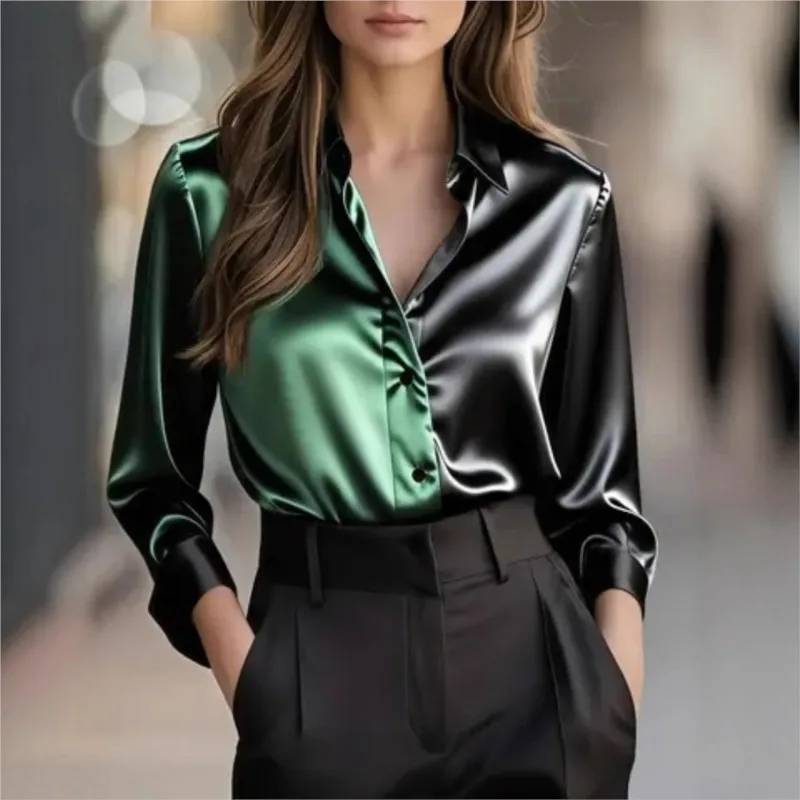 

Elegant Fashionable Dignified Women's Shirt 2025 Autumn Collection: Two-tone Lapel Single-breasted Multi-button Shirt For Women