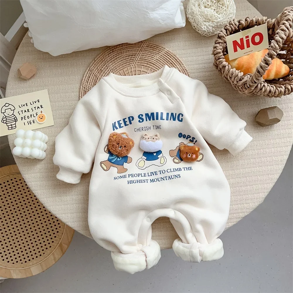 Baby Clothes Cartoon Bear Plus Velvet To Keep Warm Jumpsuit O-Neck Bodysuit & One-piece 5-day Shipping Baby Clothes