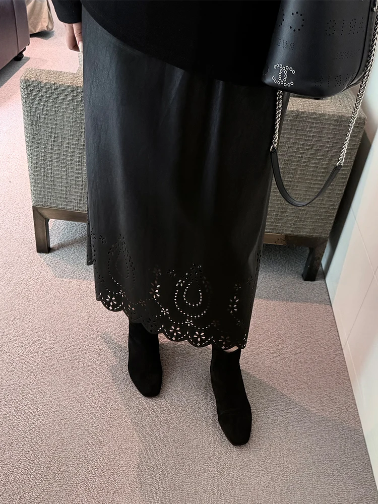 

Ele Hollow out Design High Waist Leather Skirt plus Size Midi Skirt Pencil XiaoXin Simple Sle round Ne Commute Skirt