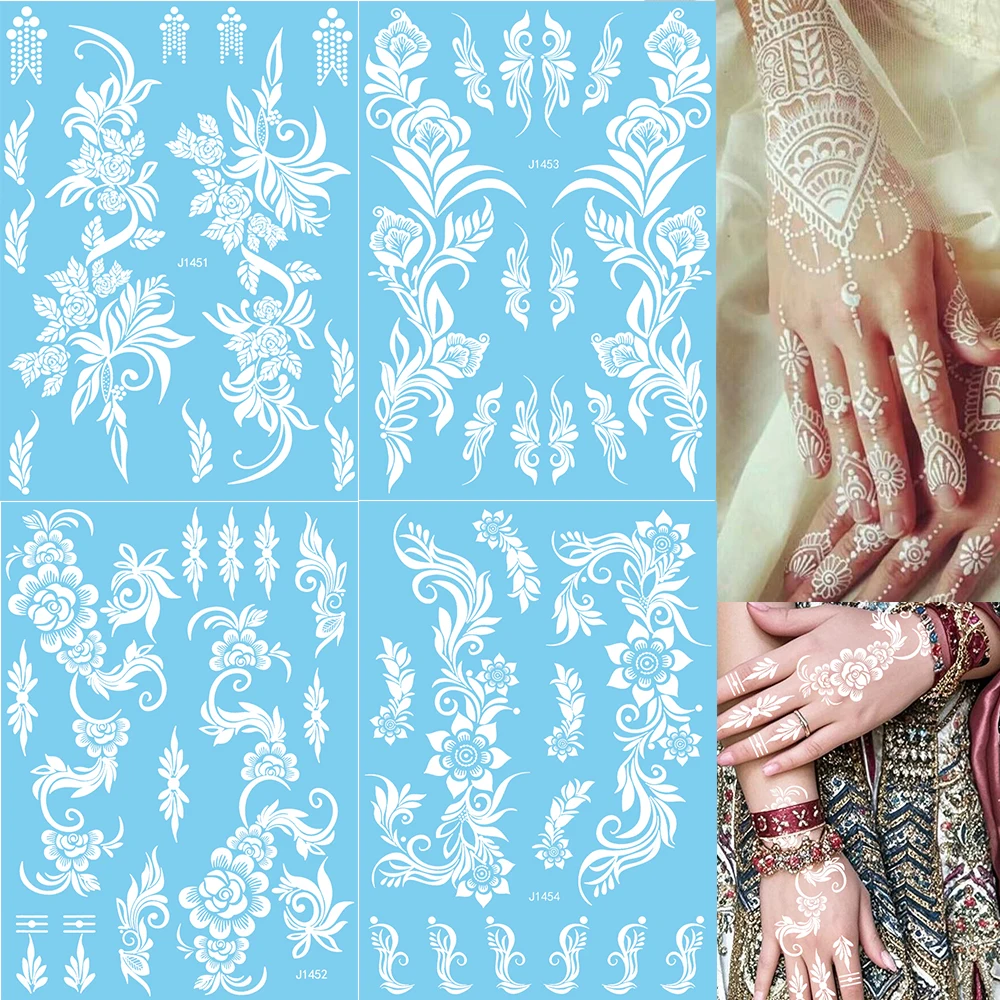 

White Henna Tattoo Stickers for Women Body Wear Waterproof White Flower Lace Temporary Tattoos for Women Wedding Body Decor