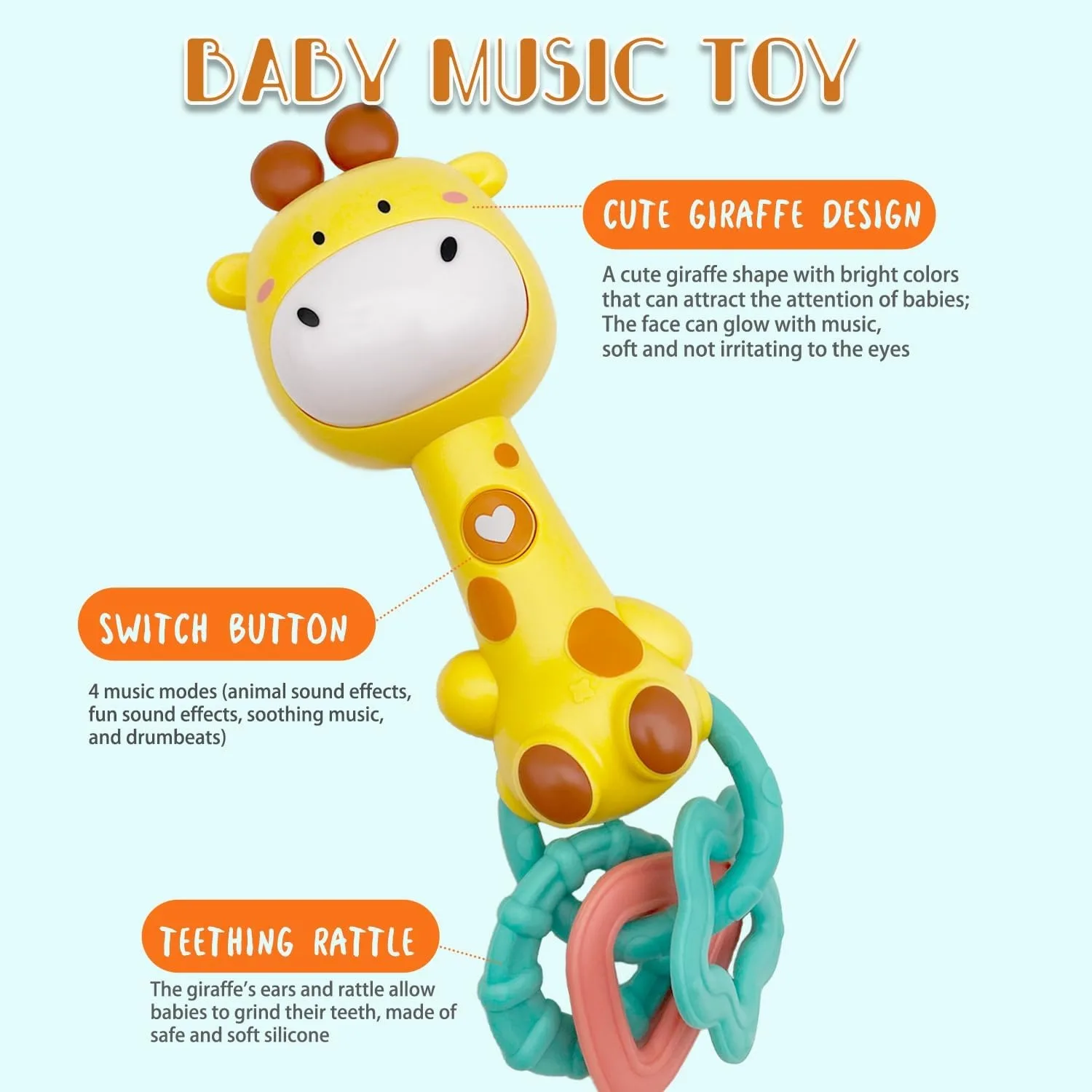 Simpatico giocattolo con sonaglio musicale per bambini: massaggiagengive illuminato e masticazione sensoriale, gomma morbida senza BPA, baby shower e regalo per il primo compleanno