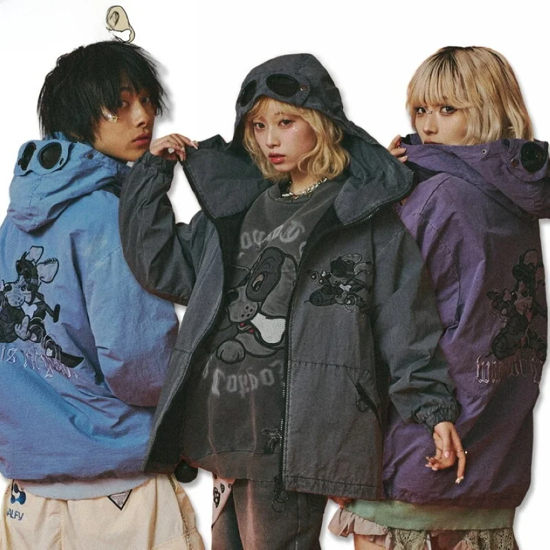 

GALFY Japanese Harajuku Anti-War Middle Finger Dog Worn Waed Flight Sle Hooded Jaet Coat Spring Autumn Loose Fit Long S...