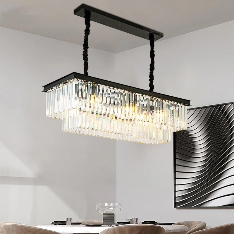 

Modern Crystal Led Chandelier Rectangle Gold Black Double Layers Pendant Light Home Decor Ceiling Hanging Lamp