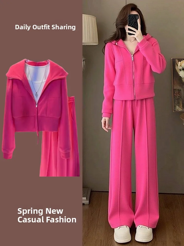 

Модный омолаживающий розовый повседневный спортивный костюм для женщин: новинка ранней весны, комплект из двух предметов (толстовка и брюки) с высокой талией, длинные брюки