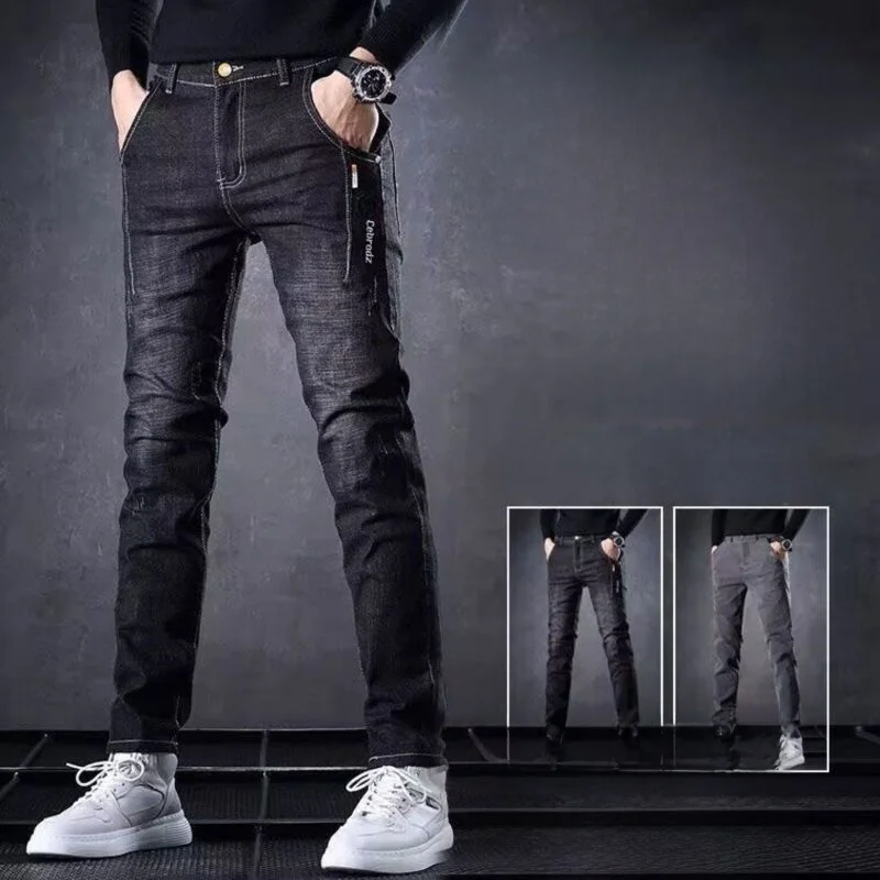 

Новые мужские джинсы 2025 года с вышивкой, эластичные, повседневные, прямого кроя, износостойкие, зауженные, длинные брюки с высокой талией на молнии для молодежи