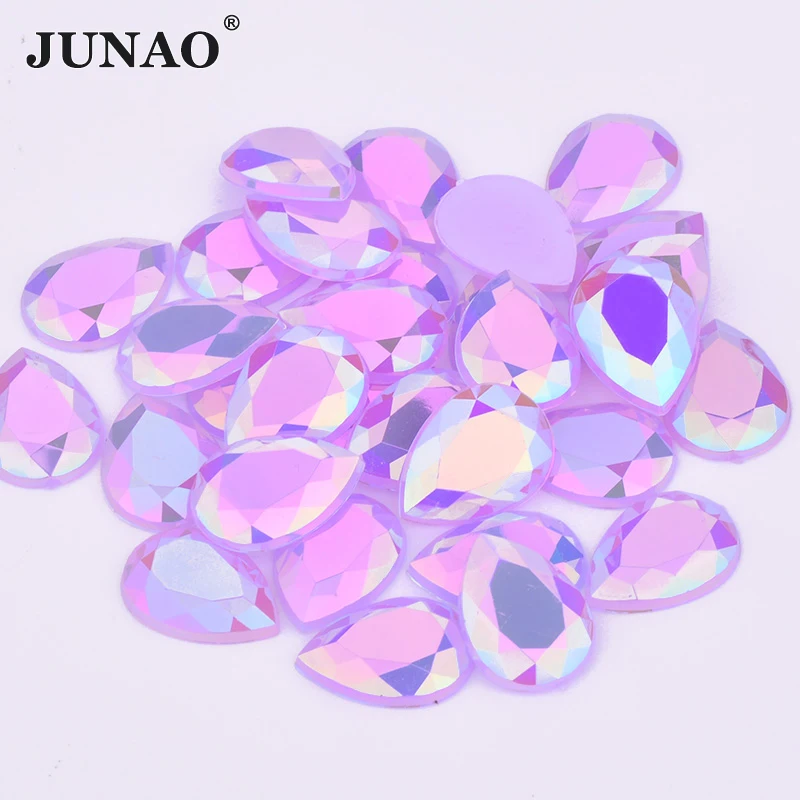 JUNAO 10*14mm 13*18mm Pink AB Teardrop Rhinestone Applique Flat Back Acrylic Strass Crystal Non Hotfix Stones for Dress Crafts