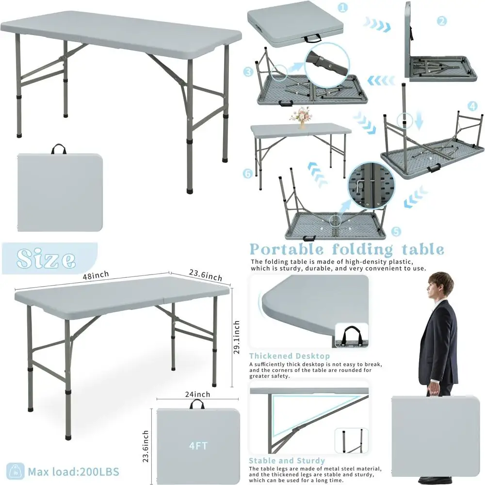 

Портативный сверхпрочный пластиковый складной походный стол длиной 4 фута со стальными ножками и ручкой для переноски для столовой и мероприятий на открытом воздухе (серый)