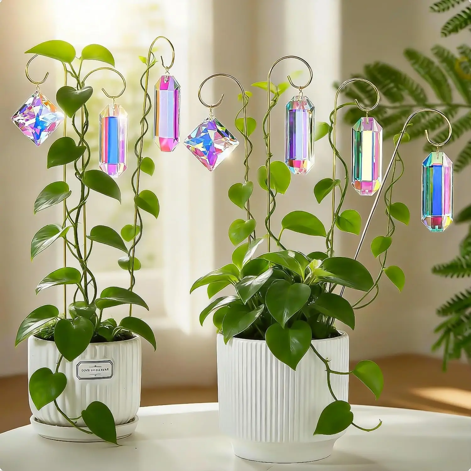 7 Pack AB Colored Crystal Suncatcher Small Trellis Golden Plant Stake Indoor Decorative Potted Plants Support
